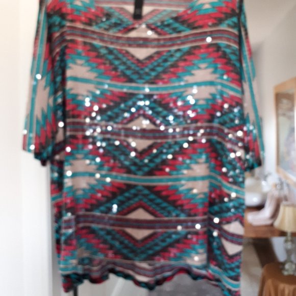 Top by INC International Concepts - Sz. L - Aqua/Fushia/Black/Cream - Picture 2 of 4